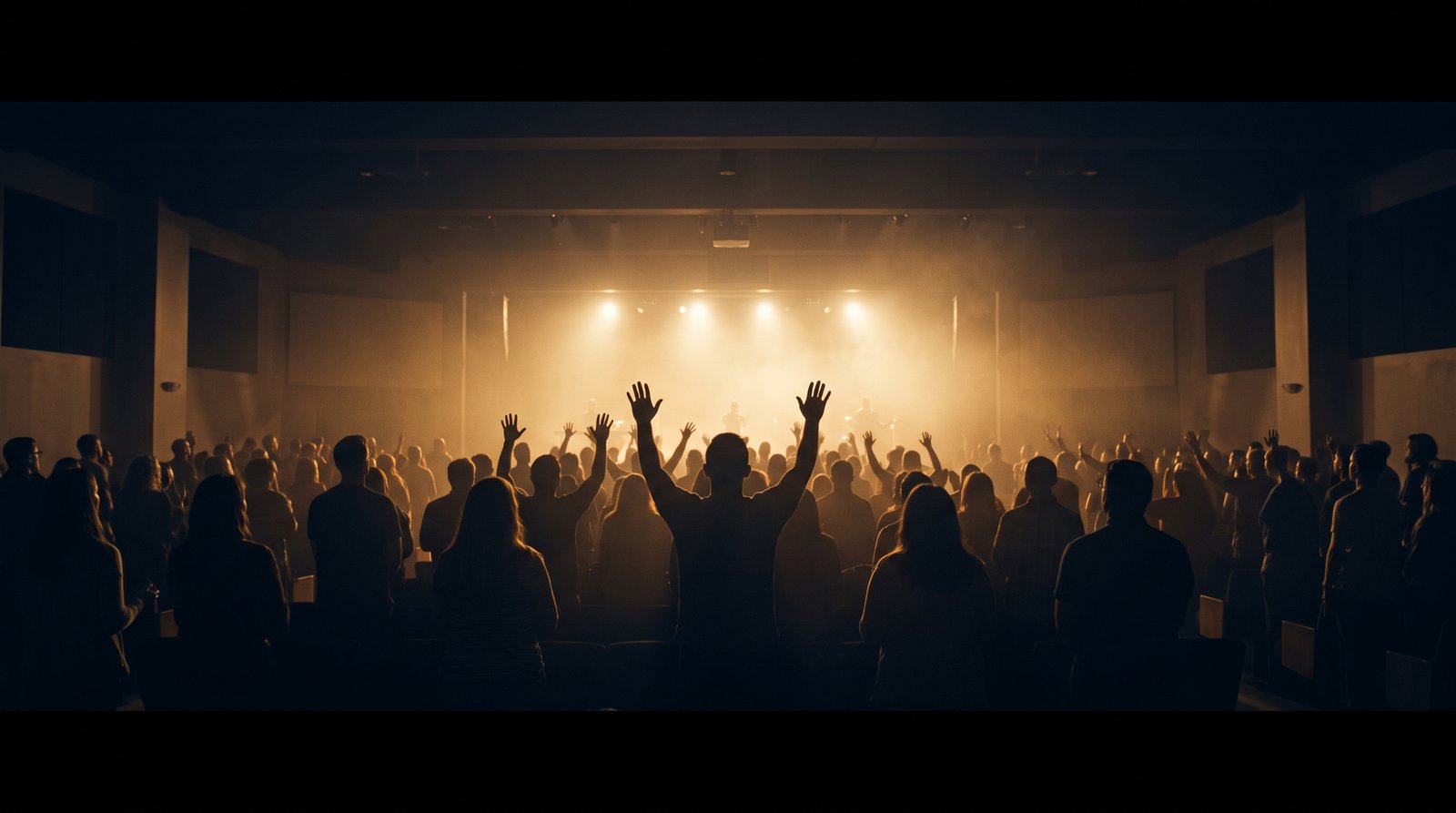 Congregation in worship with raised hands